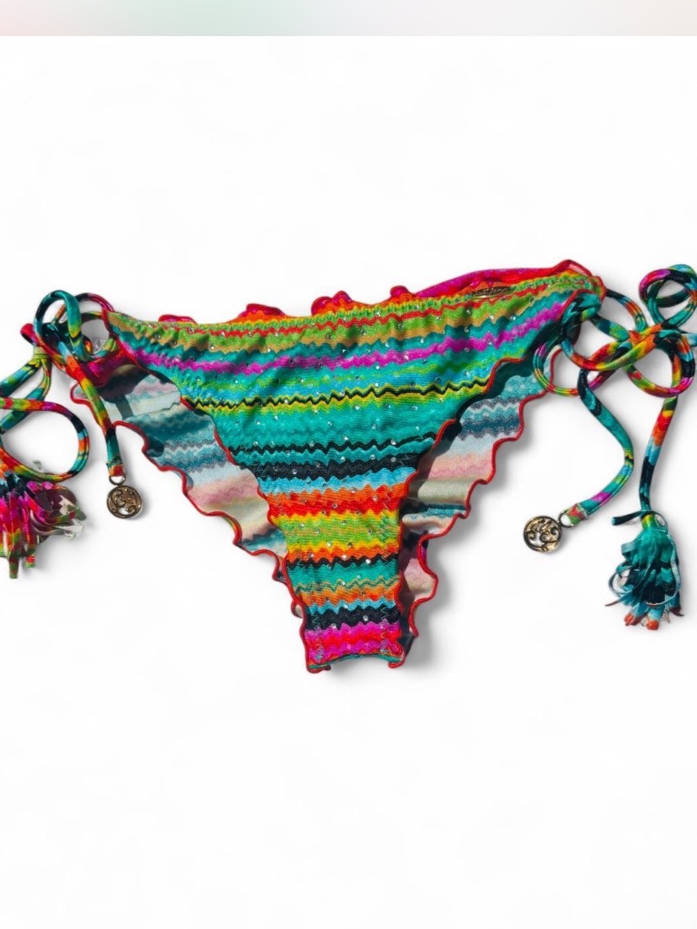 Luli Fama Hola Verano Wavey Bikini Bottoms XL Brazilian Scrunch Tassel Swim